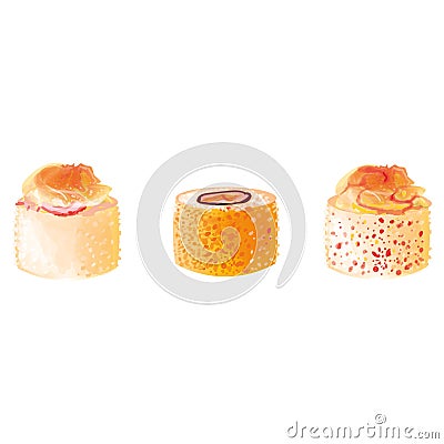 Set of vector icons sushi rolls. Asian cuisine. baked rolls. with cheese, crab, chicken Vector Illustration